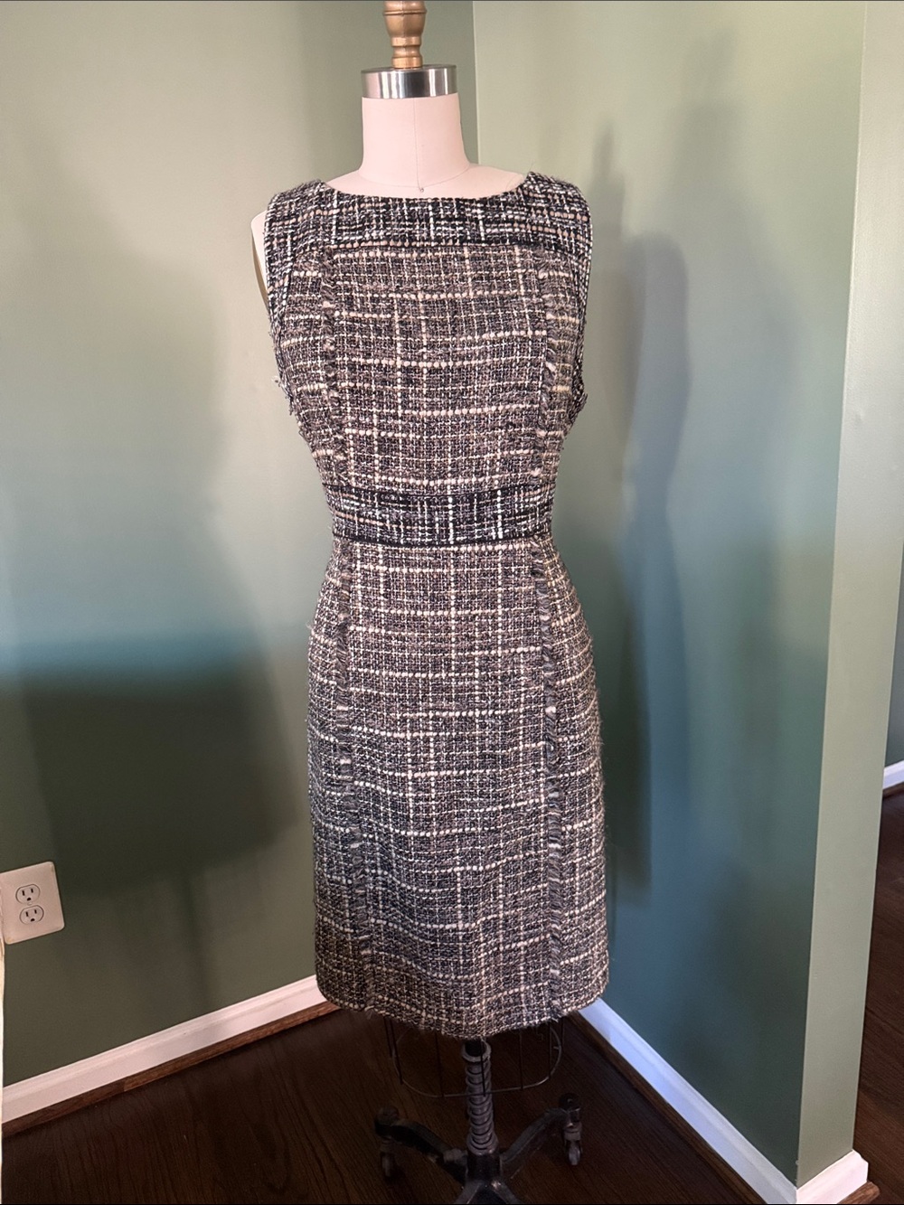 J. Crew Black and White Tweed Midi Sheath Dress